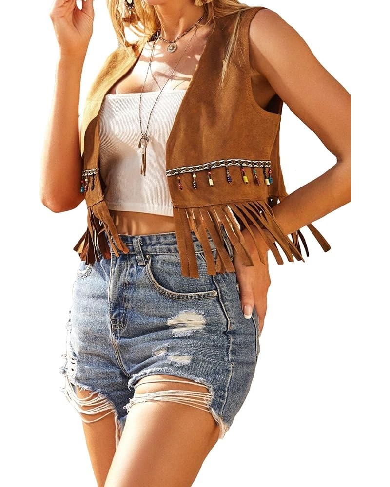 Women's Fringe Trim Sleeveless Vest Jackets Open Front Suede Vest Outerwear Brown $15.50 Vests