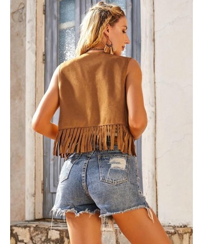 Women's Fringe Trim Sleeveless Vest Jackets Open Front Suede Vest Outerwear Brown $15.50 Vests