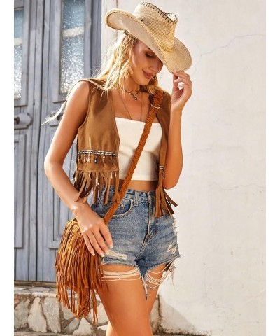 Women's Fringe Trim Sleeveless Vest Jackets Open Front Suede Vest Outerwear Brown $15.50 Vests