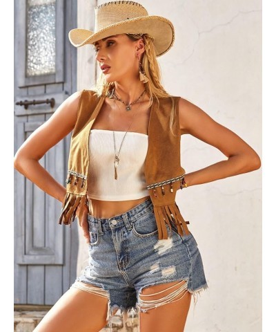 Women's Fringe Trim Sleeveless Vest Jackets Open Front Suede Vest Outerwear Brown $15.50 Vests