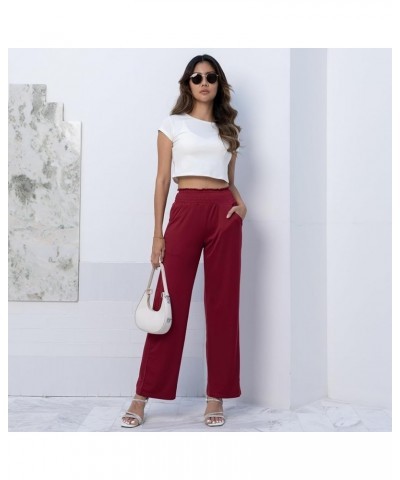 Wide Leg Pants for Women High Waisted Comfy Casual Boho Palazzo with Pockets Wine Red $12.73 Pants