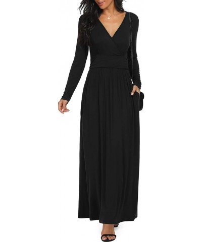 Women Long Sleeve Deep V Neck Loose Plain Long Maxi Casual Dress Black $10.25 Dresses