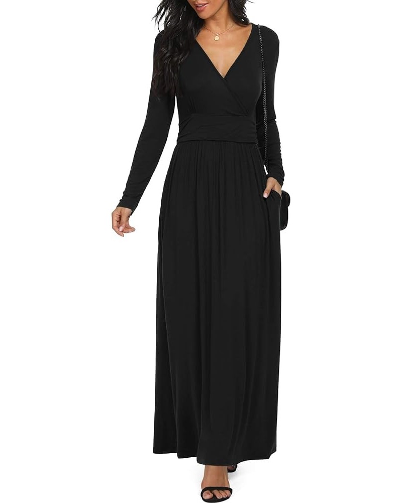 Women Long Sleeve Deep V Neck Loose Plain Long Maxi Casual Dress Black $10.25 Dresses