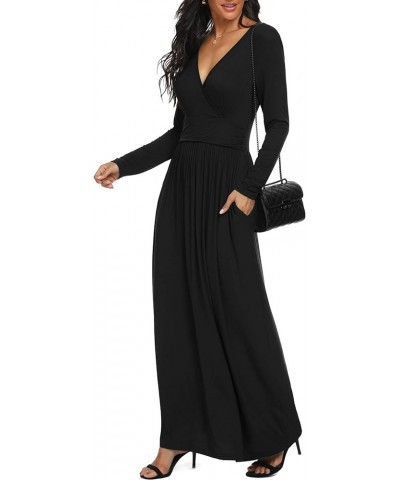 Women Long Sleeve Deep V Neck Loose Plain Long Maxi Casual Dress Black $10.25 Dresses