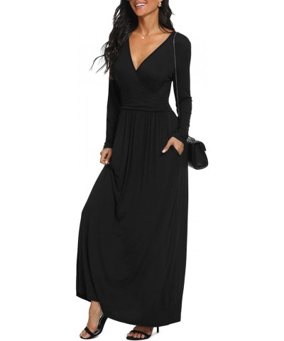 Women Long Sleeve Deep V Neck Loose Plain Long Maxi Casual Dress Black $10.25 Dresses