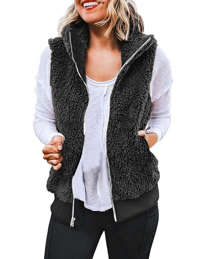 Women Fuzzy Sherpa Fleece Jacket 2023 Winter Casual Lightweight Vest Sleeveless Plus Size Waistcoat With Pockets A-black $8.4...