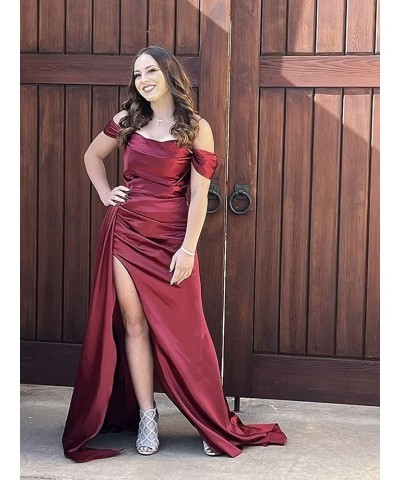 Off Shoulder Prom Dresses for Women 2024 Satin Bridesmaid Dress Long with Train Formal Evening Party Gown with Slit DR0005 La...