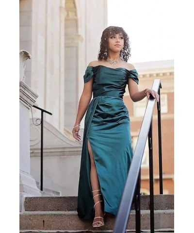 Off Shoulder Prom Dresses for Women 2024 Satin Bridesmaid Dress Long with Train Formal Evening Party Gown with Slit DR0005 La...