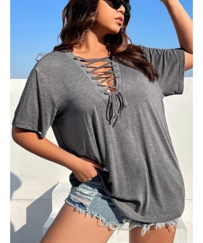 Women's Plus Size Casual Lace Up V Neck Short Sleeve Tee Shirt Top Grey $12.25 T-Shirts