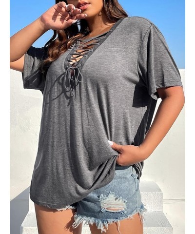 Women's Plus Size Casual Lace Up V Neck Short Sleeve Tee Shirt Top Grey $12.25 T-Shirts