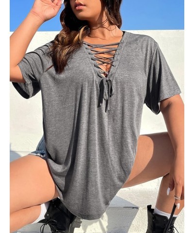 Women's Plus Size Casual Lace Up V Neck Short Sleeve Tee Shirt Top Grey $12.25 T-Shirts