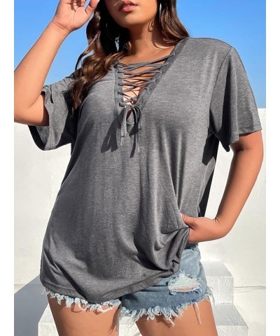 Women's Plus Size Casual Lace Up V Neck Short Sleeve Tee Shirt Top Grey $12.25 T-Shirts