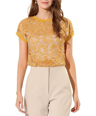 Women's Lace Floral Short Sleeves Embroidery See-Through Top Yellow White $11.40 Blouses