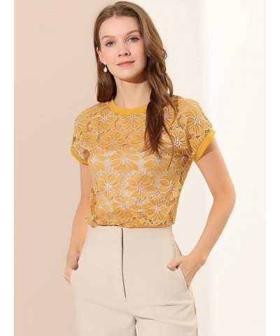 Women's Lace Floral Short Sleeves Embroidery See-Through Top Yellow White $11.40 Blouses