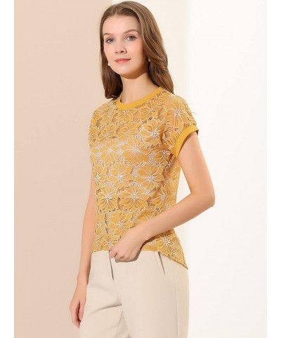 Women's Lace Floral Short Sleeves Embroidery See-Through Top Yellow White $11.40 Blouses