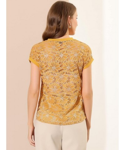 Women's Lace Floral Short Sleeves Embroidery See-Through Top Yellow White $11.40 Blouses