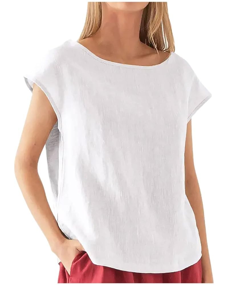 Casual Cotton Linen Tops for Women Summer 3/4 Sleeve Plus Size T Shirts Loose Fit Crew Neck Side Split Basic Blouses G-white ...