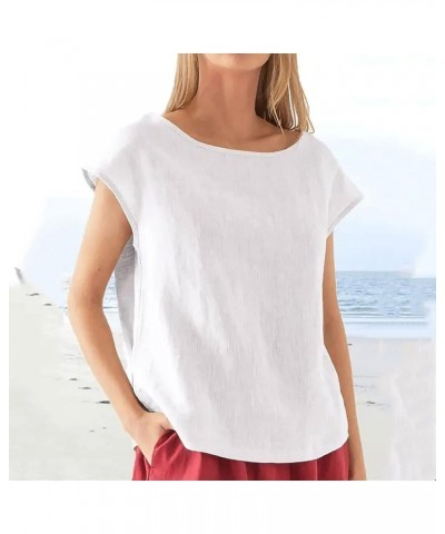 Casual Cotton Linen Tops for Women Summer 3/4 Sleeve Plus Size T Shirts Loose Fit Crew Neck Side Split Basic Blouses G-white ...