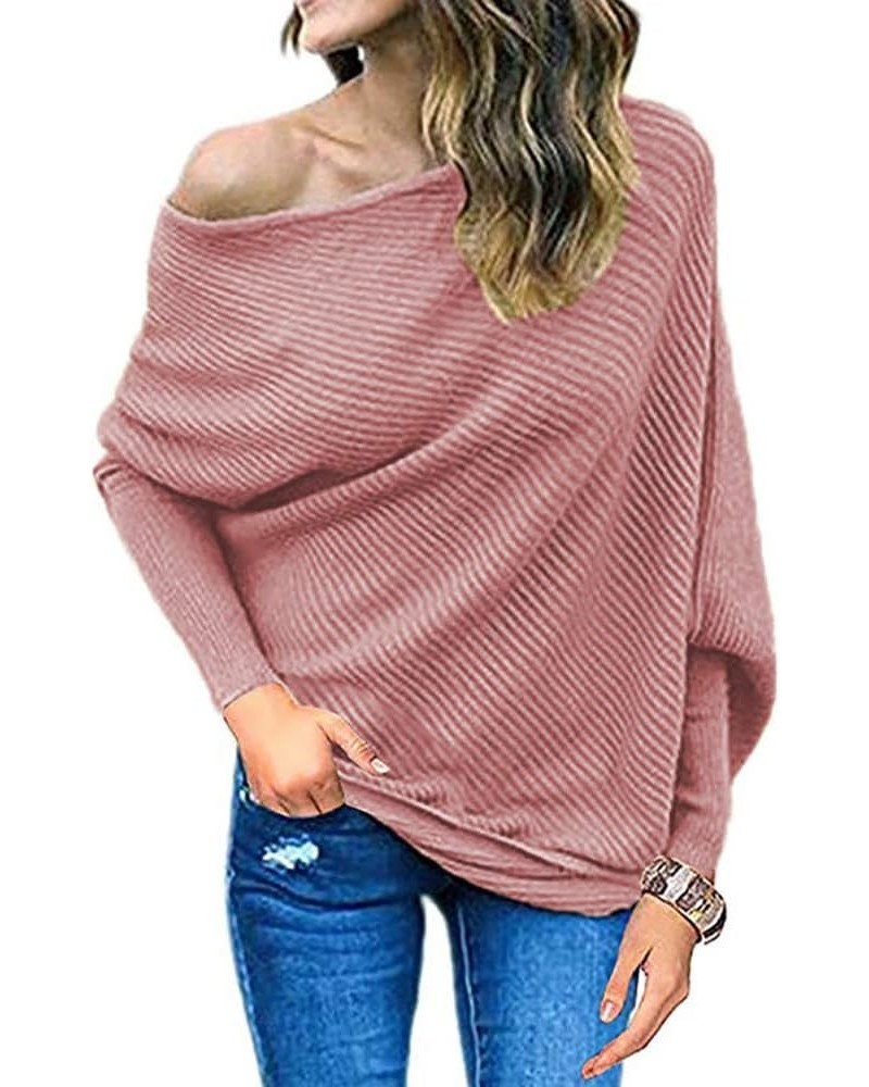 Womens Off Shoulder Loose Pullover Sweater Batwing Sleeve Knit Jumper Oversized Tunic Tops Pink $13.80 Sweaters