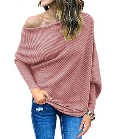 Womens Off Shoulder Loose Pullover Sweater Batwing Sleeve Knit Jumper Oversized Tunic Tops Pink $13.80 Sweaters