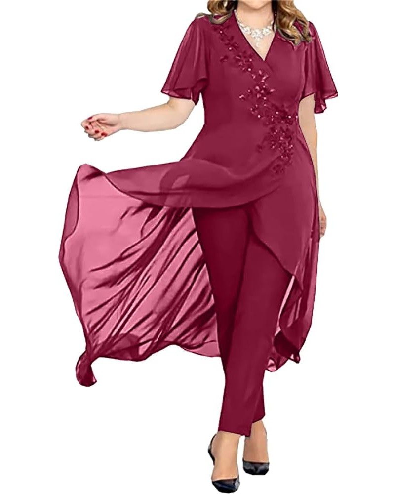 Women's Chiffon 2 Pieces Mother of The Bride Pant Suits for Wedding V Neck Mother of The Groom Dresses MIS17 Wine Red $30.60 ...