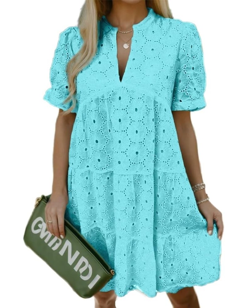 Eyelet Dress for Women Embroidery Ruffle Hem Knee Length Casual Dress Teal $25.64 Dresses