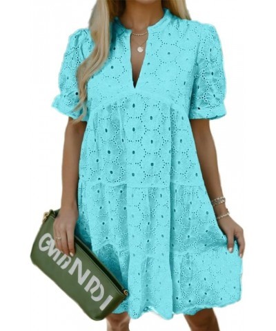 Eyelet Dress for Women Embroidery Ruffle Hem Knee Length Casual Dress Teal $25.64 Dresses