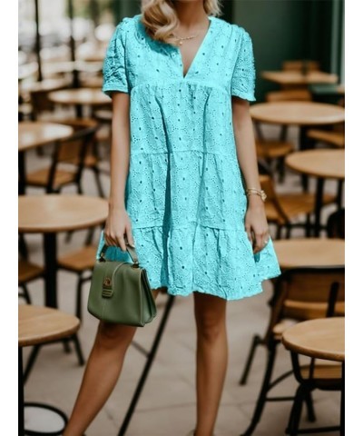 Eyelet Dress for Women Embroidery Ruffle Hem Knee Length Casual Dress Teal $25.64 Dresses