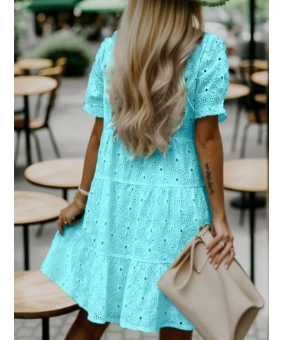 Eyelet Dress for Women Embroidery Ruffle Hem Knee Length Casual Dress Teal $25.64 Dresses