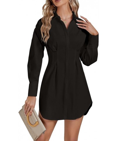 Women's Collar Buttons Down Pleated Long Sleeve Flared Mini Shirt Dress Black $21.12 Dresses