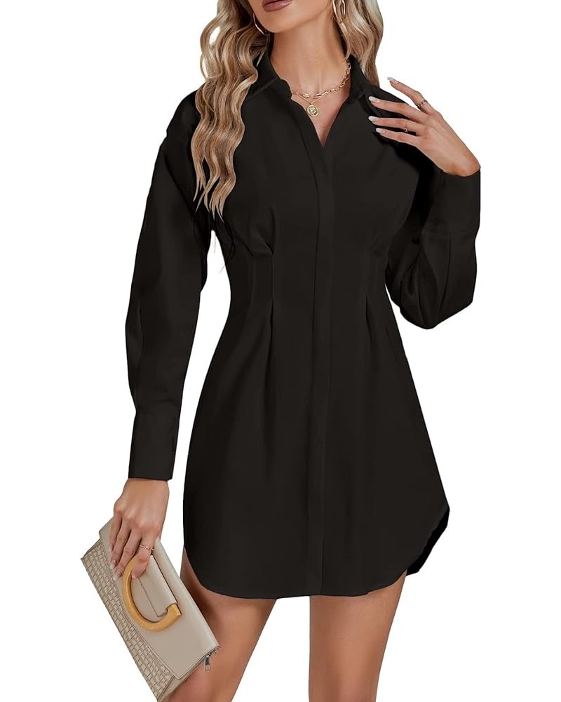 Women's Collar Buttons Down Pleated Long Sleeve Flared Mini Shirt Dress Black $21.12 Dresses