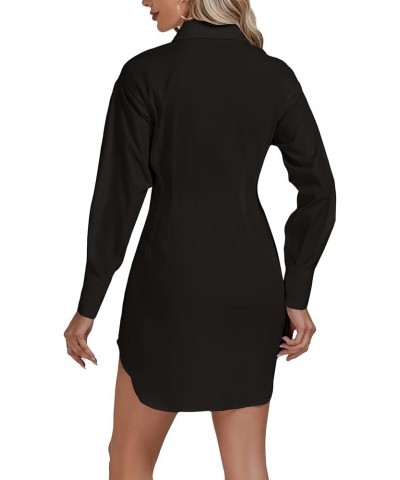 Women's Collar Buttons Down Pleated Long Sleeve Flared Mini Shirt Dress Black $21.12 Dresses