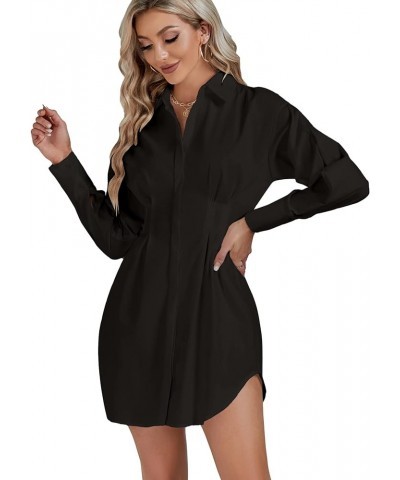 Women's Collar Buttons Down Pleated Long Sleeve Flared Mini Shirt Dress Black $21.12 Dresses