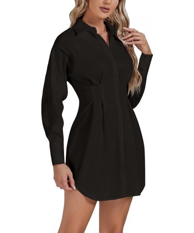 Women's Collar Buttons Down Pleated Long Sleeve Flared Mini Shirt Dress Black $21.12 Dresses