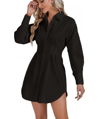 Women's Collar Buttons Down Pleated Long Sleeve Flared Mini Shirt Dress Black $21.12 Dresses