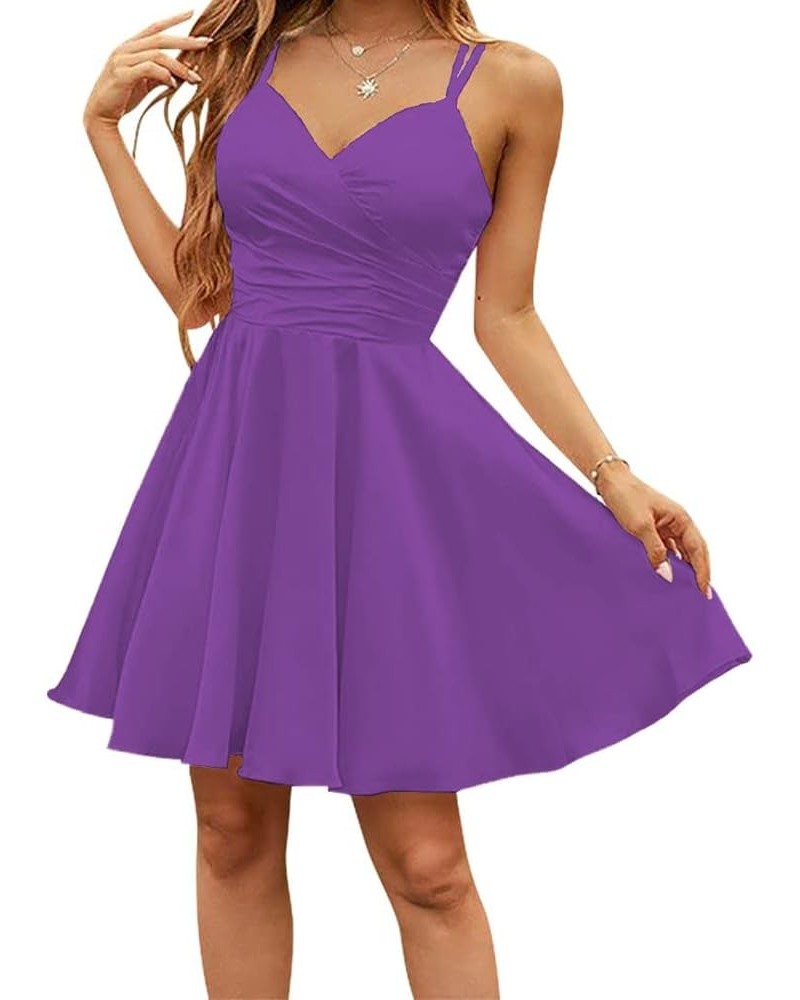 Spaghetti Strap Satin Homecoming Dresses V Neck Short Prom Dress for Teens Mini Cocktail Gowns Grape $20.00 Dresses