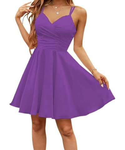 Spaghetti Strap Satin Homecoming Dresses V Neck Short Prom Dress for Teens Mini Cocktail Gowns Grape $20.00 Dresses