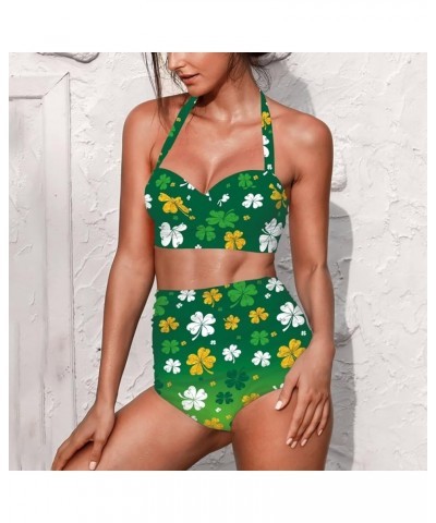 Women Two Piece Bikini Set Swimsuit Halter Ruched High Waist Bikini with Bottom Green Leaves $15.75 Swimsuits