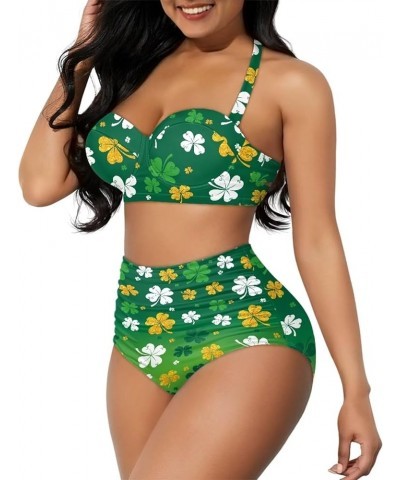 Women Two Piece Bikini Set Swimsuit Halter Ruched High Waist Bikini with Bottom Green Leaves $15.75 Swimsuits