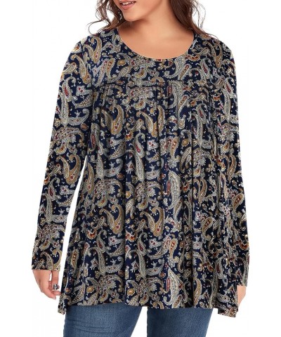 Women's Plus Size Tunic Tops Long Sleeve Pleated Casual Swing Fall Tee Shirts for Leggings Blue Paisley $10.59 Tops