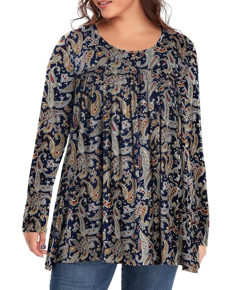 Women's Plus Size Tunic Tops Long Sleeve Pleated Casual Swing Fall Tee Shirts for Leggings Blue Paisley $10.59 Tops