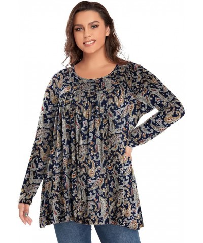 Women's Plus Size Tunic Tops Long Sleeve Pleated Casual Swing Fall Tee Shirts for Leggings Blue Paisley $10.59 Tops