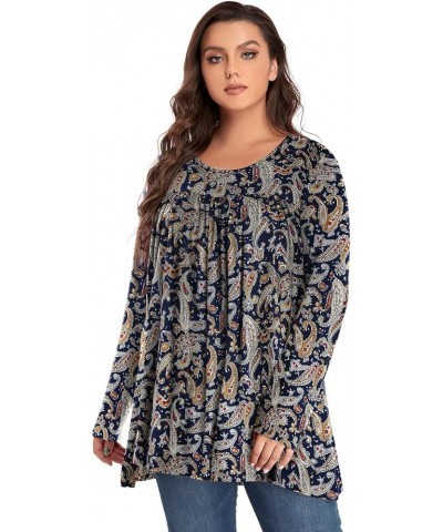 Women's Plus Size Tunic Tops Long Sleeve Pleated Casual Swing Fall Tee Shirts for Leggings Blue Paisley $10.59 Tops