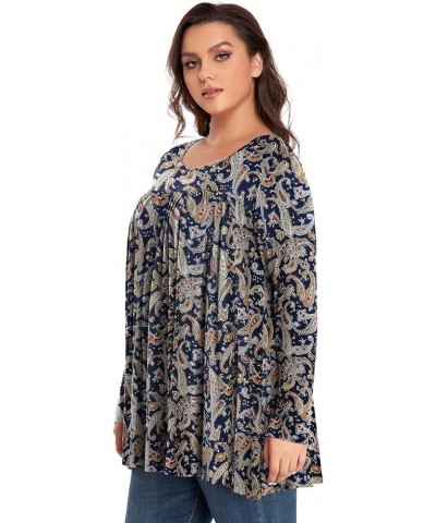 Women's Plus Size Tunic Tops Long Sleeve Pleated Casual Swing Fall Tee Shirts for Leggings Blue Paisley $10.59 Tops