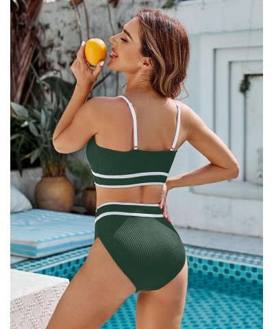 Women's High Waisted Bikini Ribbed Two Piece Swimsuit High Cut Color Block Adjustable Straps Bathing Suit Green043 $18.13 Swi...