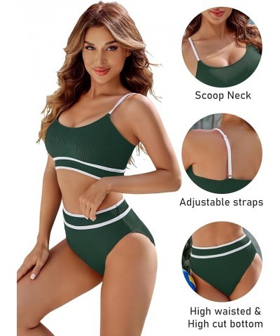 Women's High Waisted Bikini Ribbed Two Piece Swimsuit High Cut Color Block Adjustable Straps Bathing Suit Green043 $18.13 Swi...