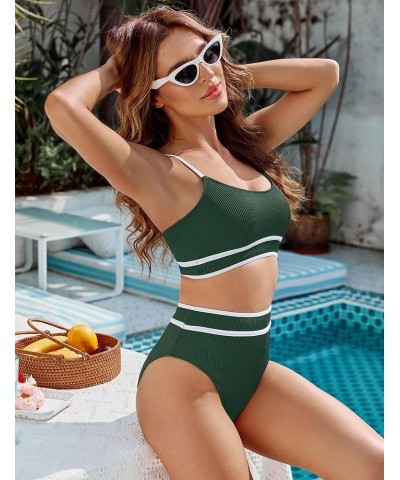 Women's High Waisted Bikini Ribbed Two Piece Swimsuit High Cut Color Block Adjustable Straps Bathing Suit Green043 $18.13 Swi...