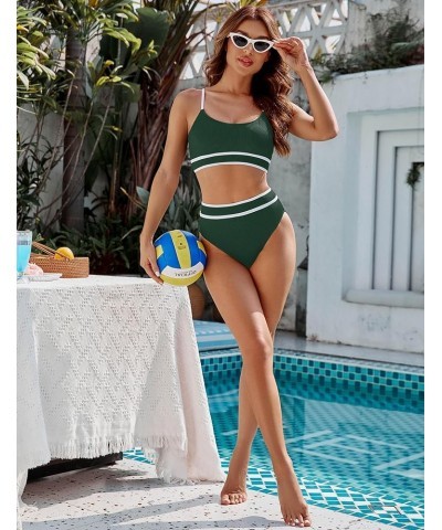 Women's High Waisted Bikini Ribbed Two Piece Swimsuit High Cut Color Block Adjustable Straps Bathing Suit Green043 $18.13 Swi...