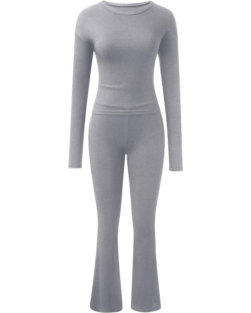 Pajama Sets for Women 2 Piece High Waist Seamless Flare Pants Set Long Sleeve Cropped Top Casual Outfits Pajamas Gray $14.80 ...