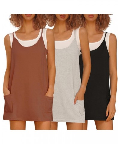 3 Pack Womens Summer Sleeveless Mini Dress V Neck Spaghetti Strap Sundress Athletic Short Dress with Pockets Black/Light Heat...